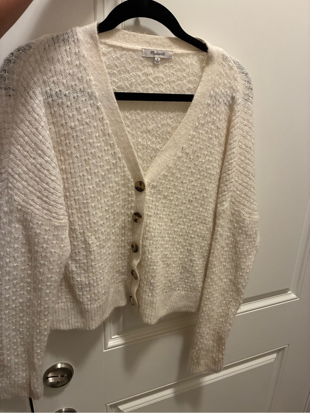 Madewell Ivory Textured V‑Neck Button Cardigan